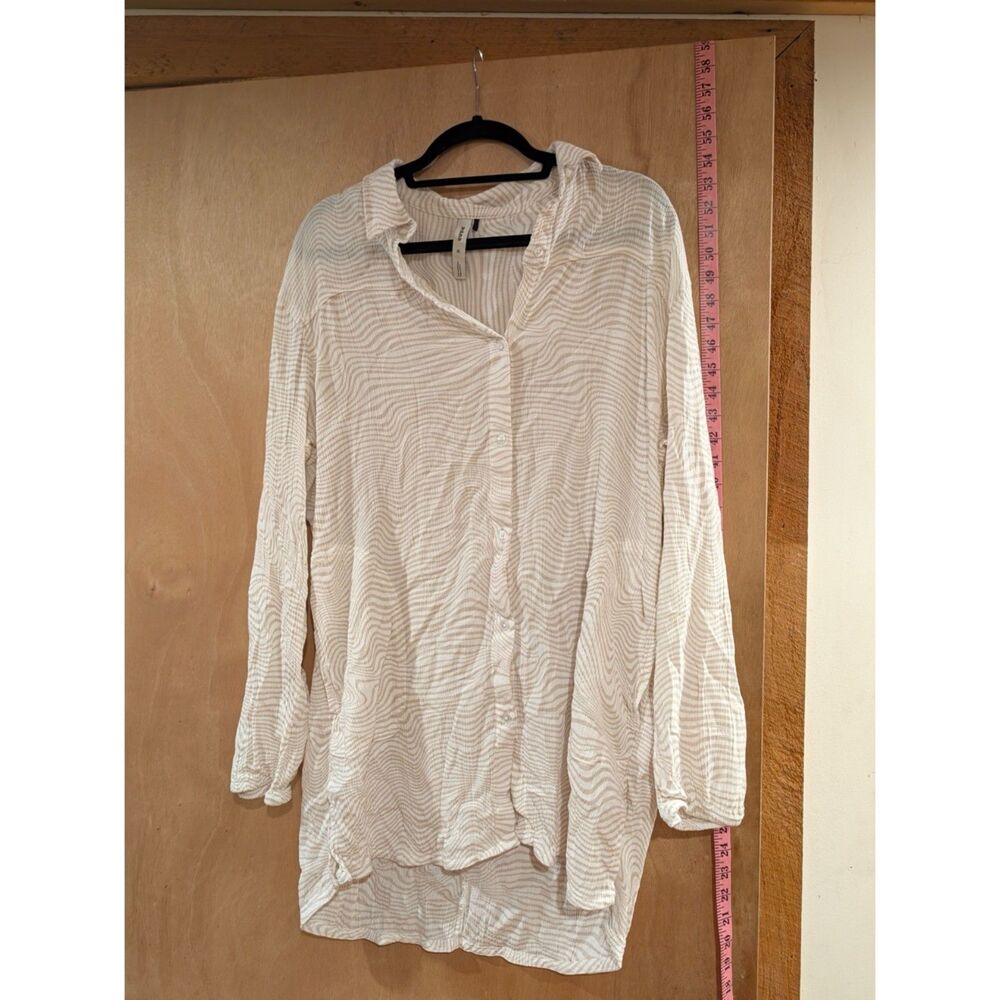 prAna Women's XL Button Down Tunic Shirt Wavy Stripe Long Sleeve Oversized Beach